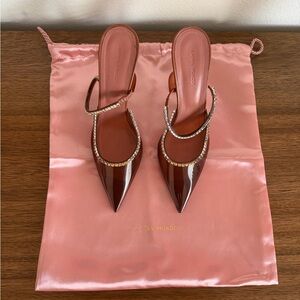 Amina Muaddi Patent Pointed Mules with Crystal Straps in Brown